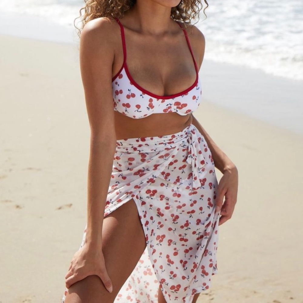HVN Cherry Print Mesh Wrap Coverup Skirt